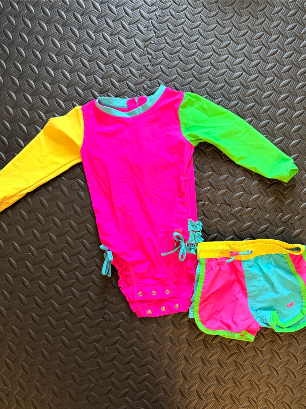 Rufflebutts Neon One Piece Rash Guard Swimsuit with Matching Shorts